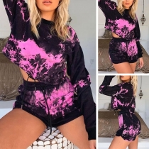 Fashion Long Sleeve Round Neck Printed Top + Shorts Two-piece Set