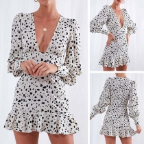 Sexy Deep V-neck Long Sleeve Ruffle Hem Printed Dress
