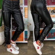 Fashion Elastic Waist Solid Color Lace-up PU Leather Pants