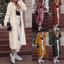 Fashion Solid Color Hooded Long-style Knit Cardigan
