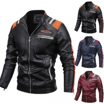 Fashion Contrast Color Long Sleeve Stand Collar Man's PU Leather Jacket