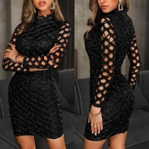 Sexy Hollow Out Long Sleeve Mock Neck Slim Fit Shinning Dress(It falls small)