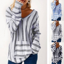 Fashion Long Sleeve V-neck Front-pocket Hooded Striped Shirt