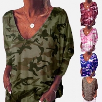 Casual Style Long Sleeve V-neck Camouflage Printed T-shirt