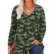 Casual Style Long Sleeve V-neck Camouflage Printed T-shirt