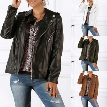 Fashion Solid Color Long Sleeve Oblique Zipper PU Leather Jacket 
