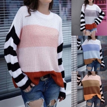 Fashion Long Sleeve Round Neck Contrast Color Sweater 