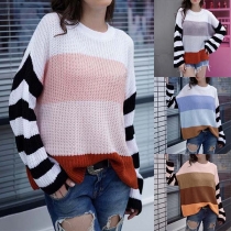 Fashion Long Sleeve Round Neck Contrast Color Sweater 
