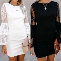 Sexy Lace Spliced Trumpet Sleeve Round Neck Slim Fit Dress