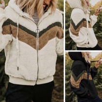 Fashion Contrast Color Long Sleeve Hooded Plush Coat 