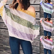 Fashion Dolman Sleeve Contrast Color Striped Loose Top 