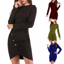 Fashion Solid Color Long Sleeve Oblique Button Slim Fit Dress
