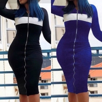 Fashion Contrast Color Long Sleeve Front-zipper Slim Fit Dress