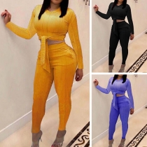 Sexy Long Sleeve Lace-up Hem Crop Top + High Waist Pants Two-piece Set 