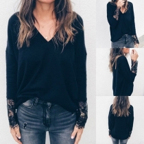 Fashion Solid Color Lace Spliced Long Sleeve V-neck T-shirt