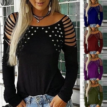 Punk Style Hollow Out Long Sleeve Round Neck Rivets T-shirt