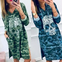 Fashion Camouflage Printed Slit Hem Hooded Sweatshirt Dress