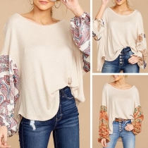 Fashion Printed Spliced Long Sleeve Round Neck Loose T-shirt 