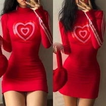 Fashion Heart Printed Long Sleeve High Collar Slim Fit Dress