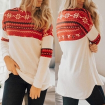 Fashion Snowflake Printed Long Sleeve Round Neck Knit Top 