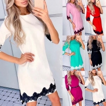 Fashion Lace Spliced 3/4 Sleeve Round Neck Slim Fit Dress