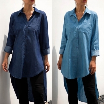 Chic Style Long Sleeve POLO Collar High-low Hem Denim Shirt 