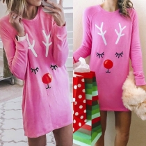 Cute Elk Printed Long Sleeve Round Neck T-shirt Dress