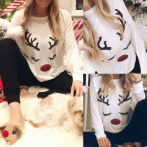 Cute Elk Printed Long Sleeve Round Neck T-shirt 