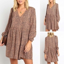 Sexy V-neck Long Sleeve Leopard Printed Dress
