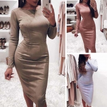Elegant Solid Color Long Sleeve Round Neck Slim Fit Dress(It falls small)