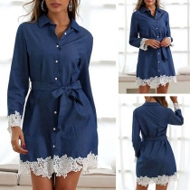 Fashion Lace Spliced Long Sleeve POLO Collar Denim Dress