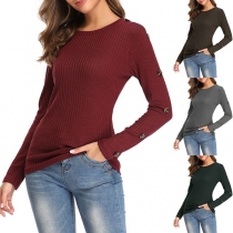 Fashion Solid Color Long Sleeve Round Neck Button Knit Top