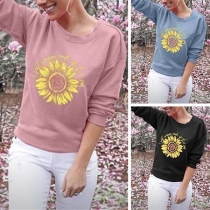 Fashion Long Sleeve Round Neck Sunflower Printed T-shirt 