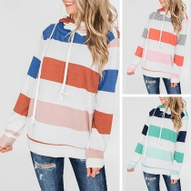Casual Style Long Sleeve Contrast Color Striped Loose Hoodie 