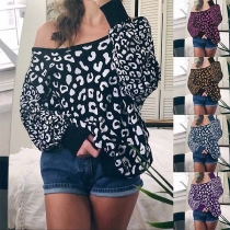 Sexy Oblique Shoulder Long Sleeve Leopard Printed Sweatshirt 