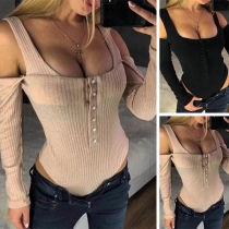 Sexy Off-shoulder Long Sleeve Solid Color Bodysuit 