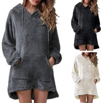 Fashion Solid Color Long Sleeve Hooded Plush Sweatshirt Dress