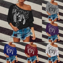 Sexy Oblique Shoulder Feather Printed Long Sleeve T-shirt 