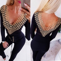 Sexy Lace Spliced Backless V-neck Long Sleeve Bodysuit 