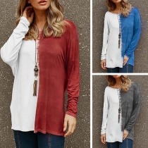 Sexy Backless Contrast Color Long Sleeve Round Neck T-shirt 