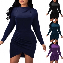 Elegant Solid Color Long Sleeve Round Neck Irregular Hem Dress