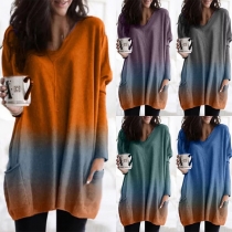 Fashion Contrast Color Long Sleeve V-neck Loose Top
