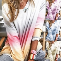 Fashion Color Gridient Long Sleeve V-neck T-shirt 