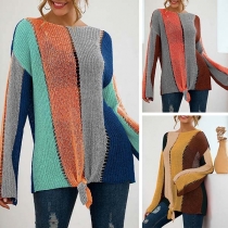 Fashion Contrast Color Long Sleeve Knotted Hem Knit Top