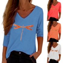 Fashion Dragonfly Printed Long Sleeve V-neck T-shirt