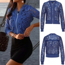 Fashion Solid Color Long Sleeve Hollow Out Lace Jacket