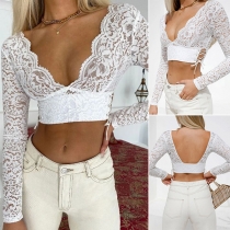 Sexy Deep V-neck 3/4 Sleeve See-through Lace Top