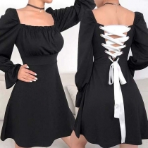 Sexy Lace-up Backless Puff Sleeve Square Collar Dress