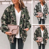 Fashion Camouflage Printed Long Sleeve Hooded Plush Coat 