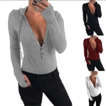Sexy Deep V-neck Long Sleeve Hooded Knit Top 